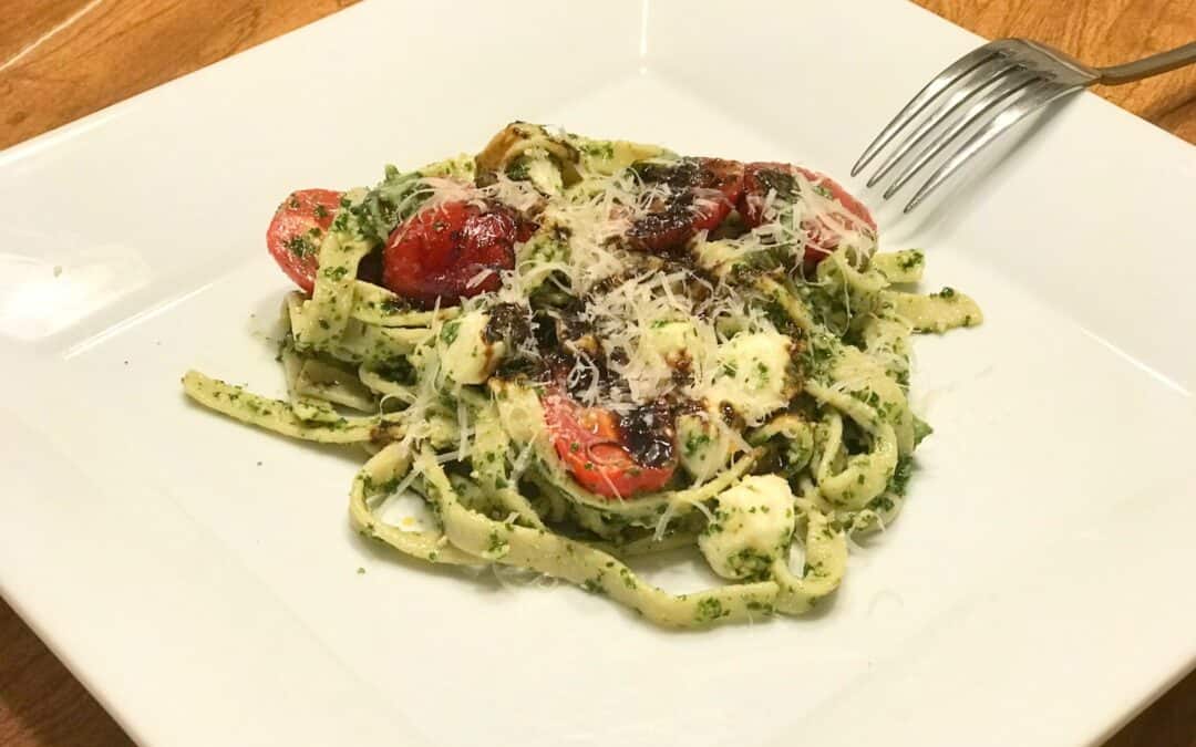 Kale Pesto Caprese Salad on Gluten Free Quinoa Fettuccini