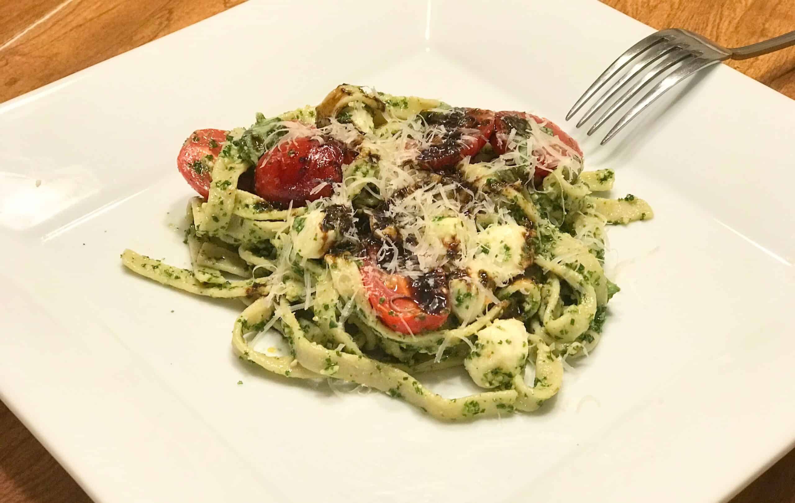 Kale Pesto Caprese Salad on Gluten Free Quinoa Fettuccini - Vee Culinary |  Gluten Free Personal Chef Services